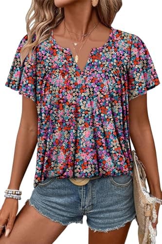 Angerella Women's Floral Print Short Sleeve V-Neck Tunic Tops