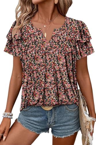 Angerella Women's Floral Print Short Sleeve V-Neck Tunic Tops