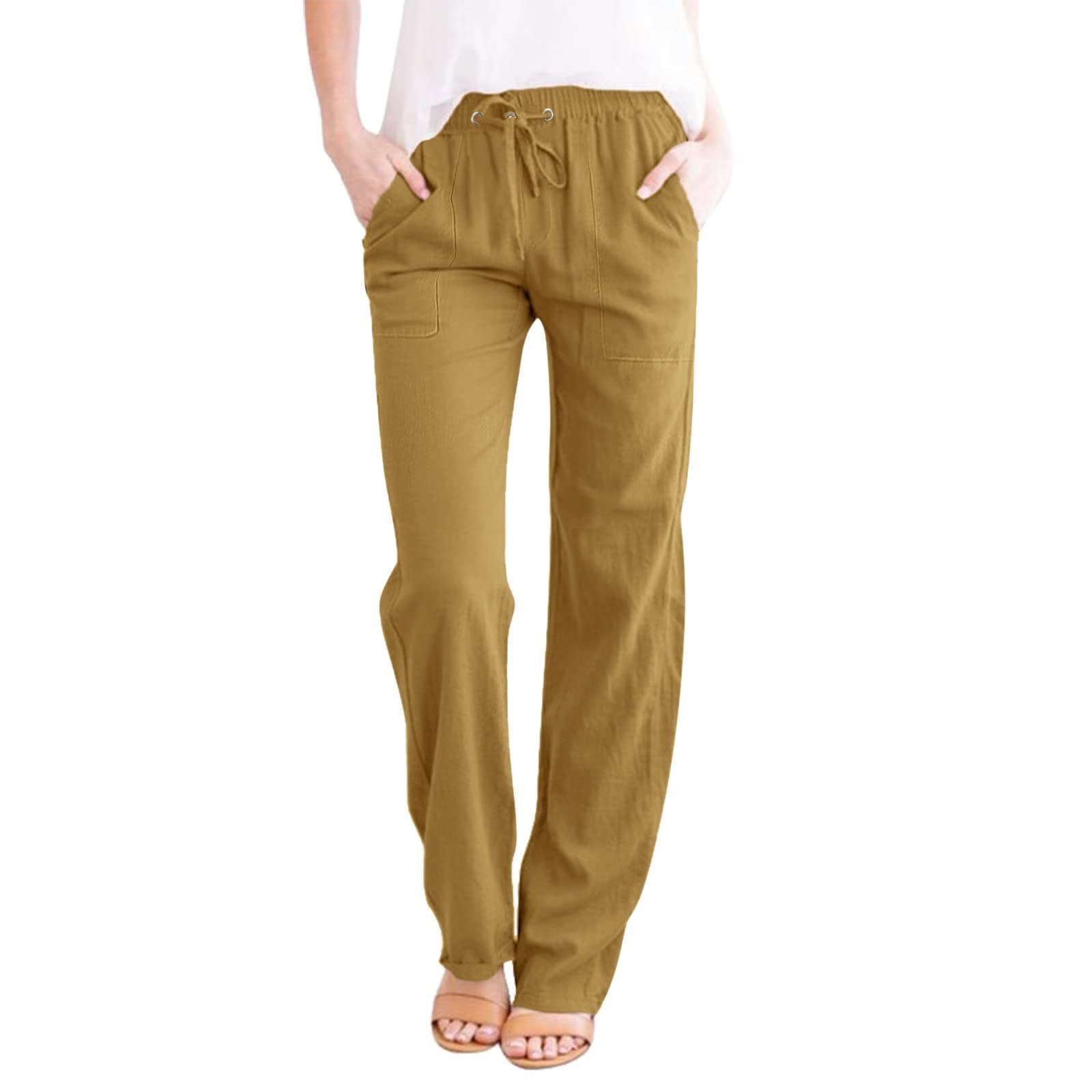 DINEVE High-Waisted Drawstring Joggers - Plus Size Wide Leg Linen Pants