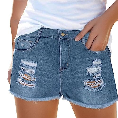 Women's Stretchy Mid Rise Ripped Denim Shorts