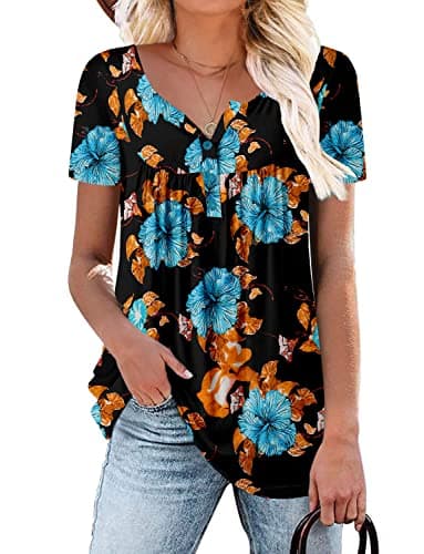 ROSELINLIN Women's Floral Summer Short Sleeve Shirt Loose Fit Leggings Top