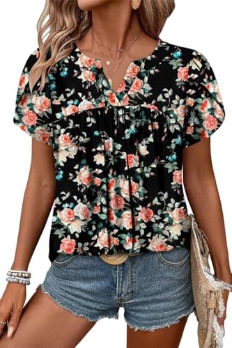 Angerella Women's Floral Print Short Sleeve V-Neck Tunic Tops