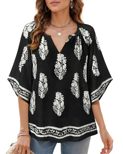 Bebonnie Women's Bohemian 3/4 Sleeve V-Neck Tunic Tops