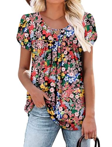 OnlyPuff Women's Pleated Floral Tunic Tops Summer Boho Dress Casual