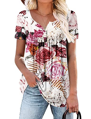 ROSELINLIN Women's Floral Summer Short Sleeve Shirt Loose Fit Leggings Top
