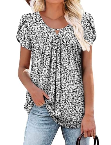 OnlyPuff Women's Pleated Floral Tunic Tops Summer Boho Dress Casual