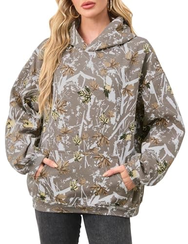 Eutten Womens Camo Hoodies Maple Leaf Print Oversized Fleece Sweatshirt with Pocket