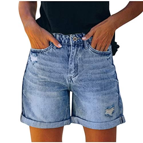 Women's Stretchy Mid Rise Ripped Denim Shorts