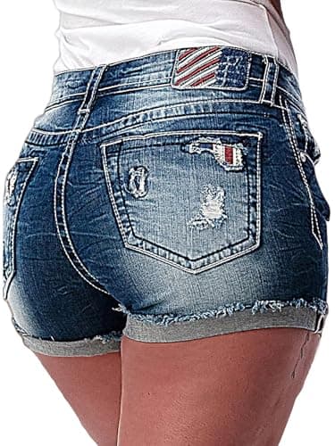Flamingals Mid Waist American Flag Distressed Denim Shorts for Women