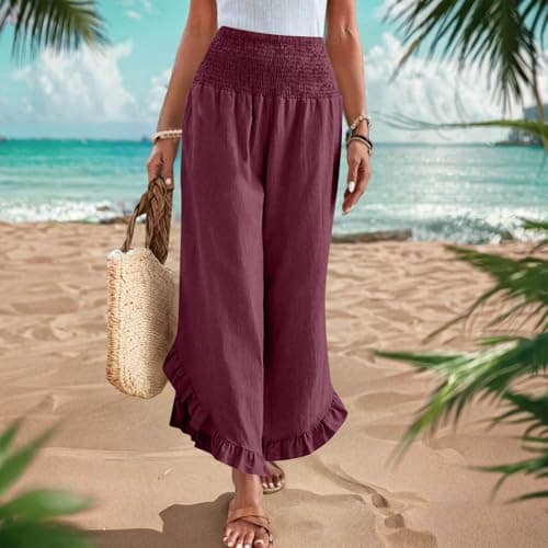 Yxzogd Women's Stretch Smocked Wide Leg Linen Palazzo Pants Ruffle Hem Summer Trousers