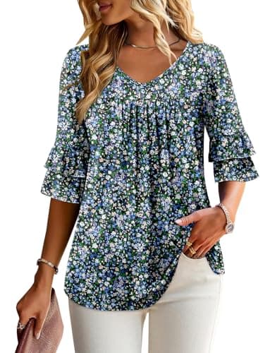 Angerella Dressy 3/4 Sleeve V-Neck Tunic Tops Spring Summer Tops