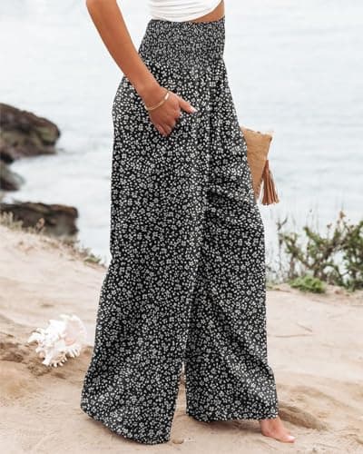 Bbkkuck Women's Elastic High-Waisted Wide Leg Palazzo Pants with Pockets