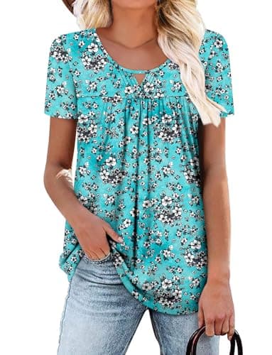 OnlyPuff Women's Pleated Floral Tunic Tops Summer Boho Dress Casual