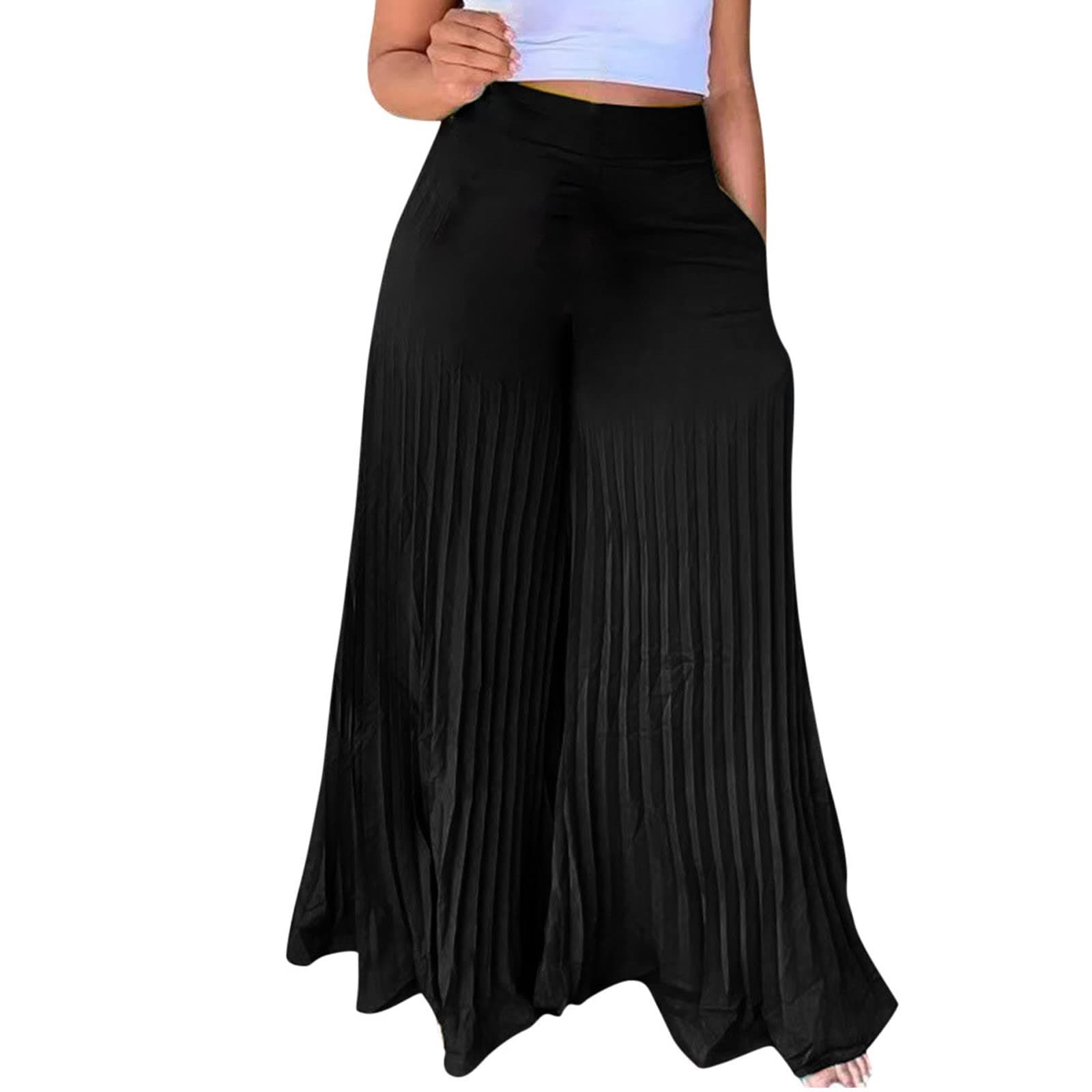 Yxzogd Women's Stretch Chiffon Palazzo Pants Summer High-Waisted Wide Leg Pleated Slacks