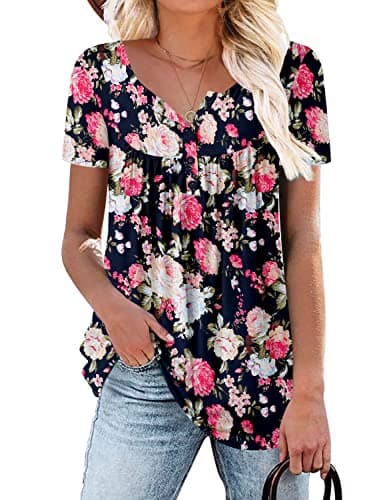 ROSELINLIN Women's Floral Summer Short Sleeve Shirt Loose Fit Leggings Top