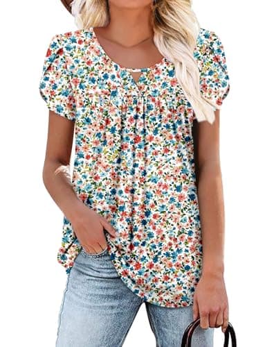 OnlyPuff Women's Pleated Floral Tunic Tops Summer Boho Dress Casual
