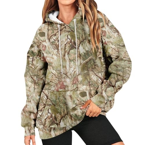 GOFULY Women's Oversized Camo Hoodie with Maple Leaf Print
