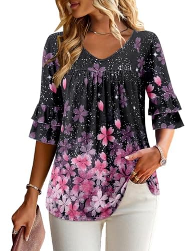 Angerella Dressy 3/4 Sleeve V-Neck Tunic Tops Spring Summer Tops