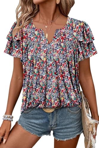 Angerella Women's Floral Print Short Sleeve V-Neck Tunic Tops