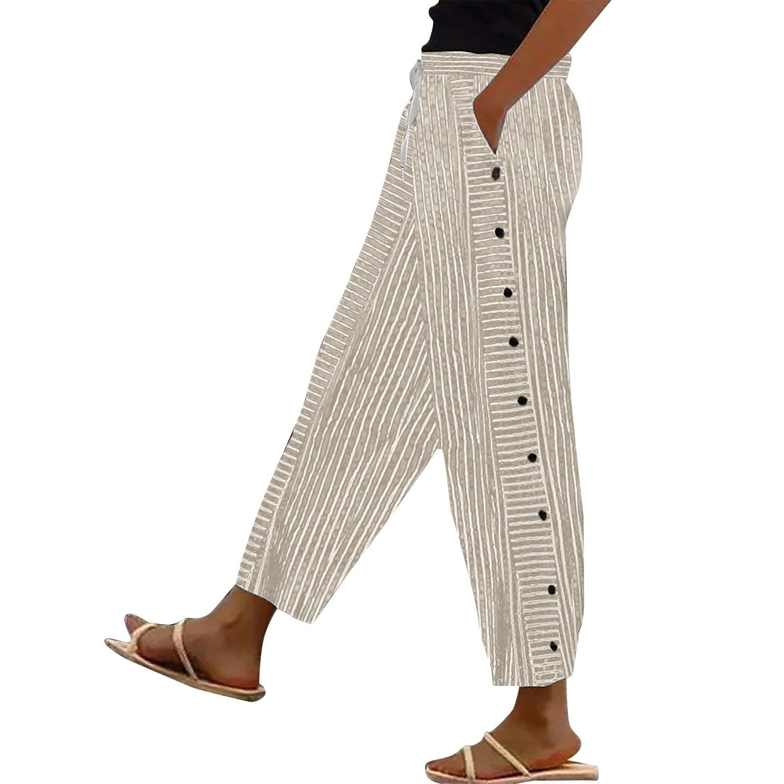 Generic Women's Straight Leg Stripe Cotton Linen Pants