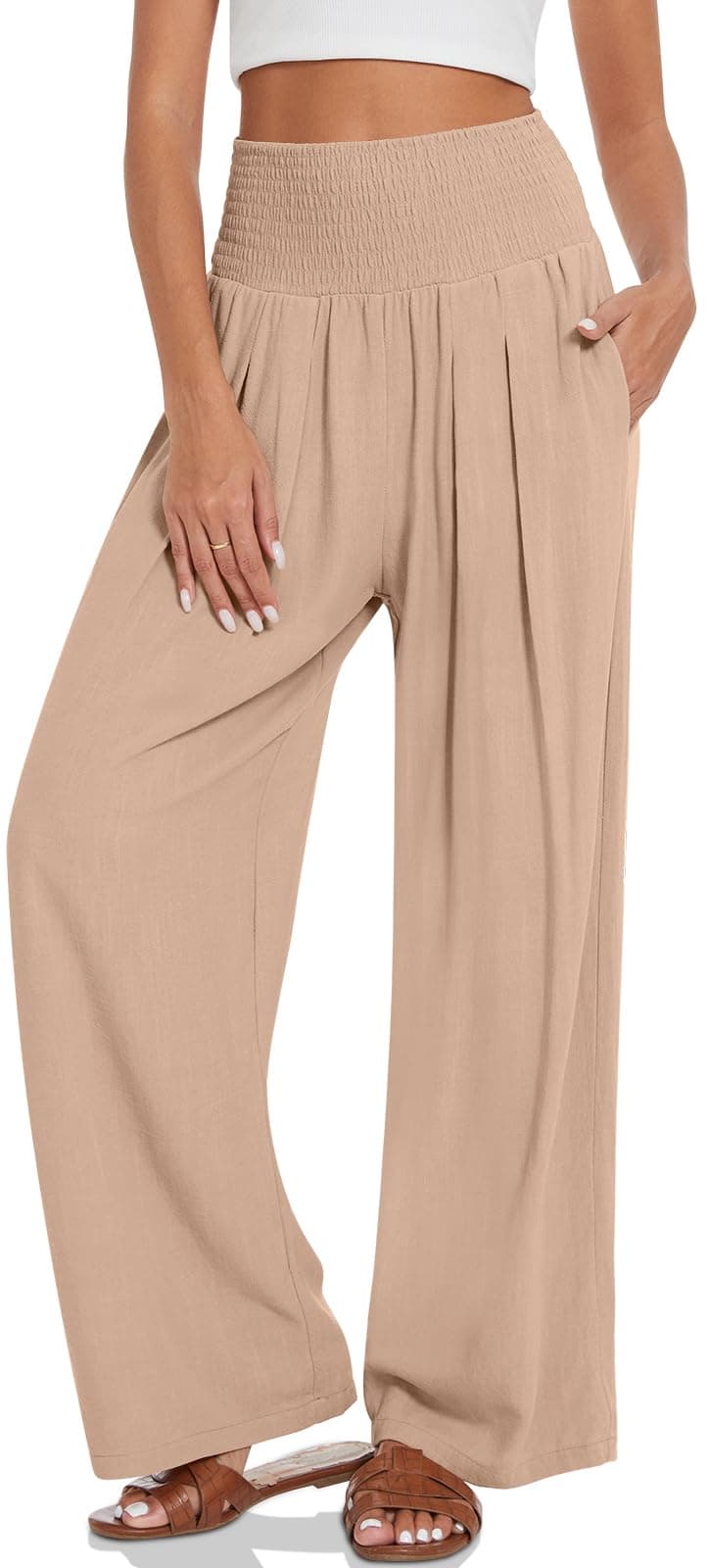 TARSE Women's Summer Linen Palazzo Pants with Pockets