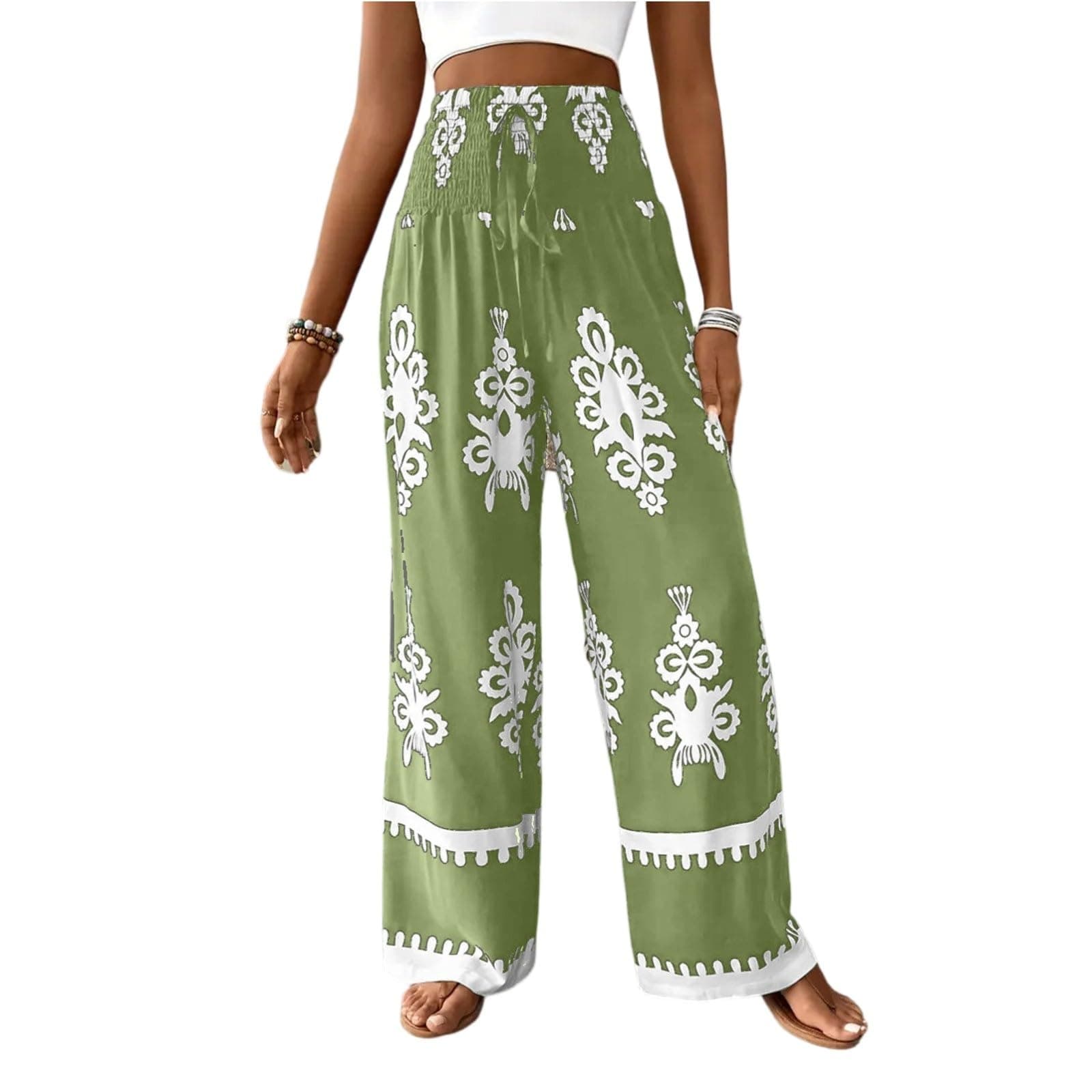 Elastic High Waisted Floral Print Wide Leg Linen Pants with Pockets