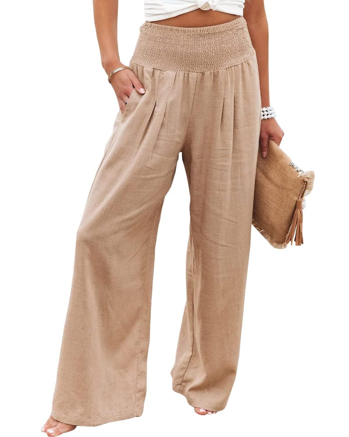 GLIENST Women's High Waisted Smocked Linen Palazzo Pants with Pockets S-2XL