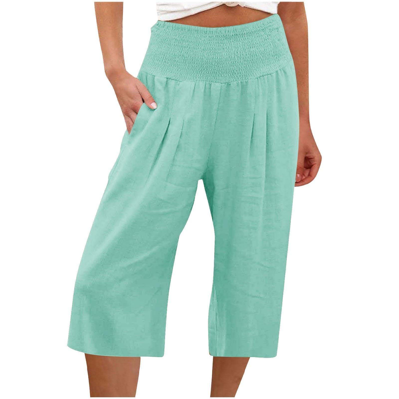 Sktremeuru Women's Summer Loose Wide Leg Linen Palazzo Pants High Waist Flowy Crop