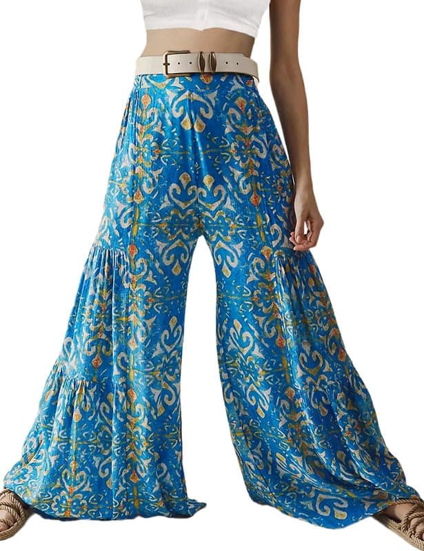 Lrady Women's Boho Printed Wide Leg Palazzo Pants