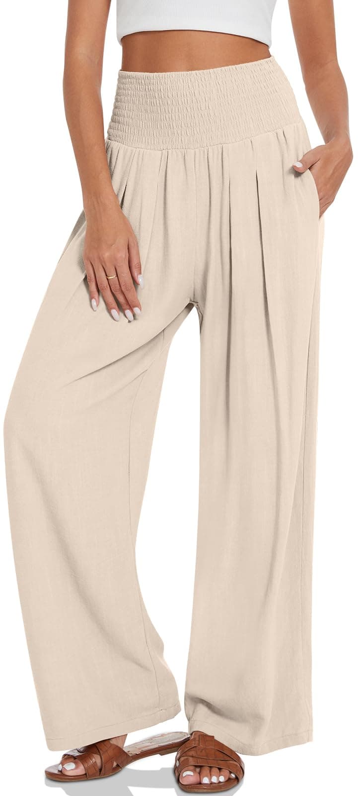 UEU Women's Linen Palazzo Pants Wide Leg High Waisted Boho Summer Casual Beach Pants