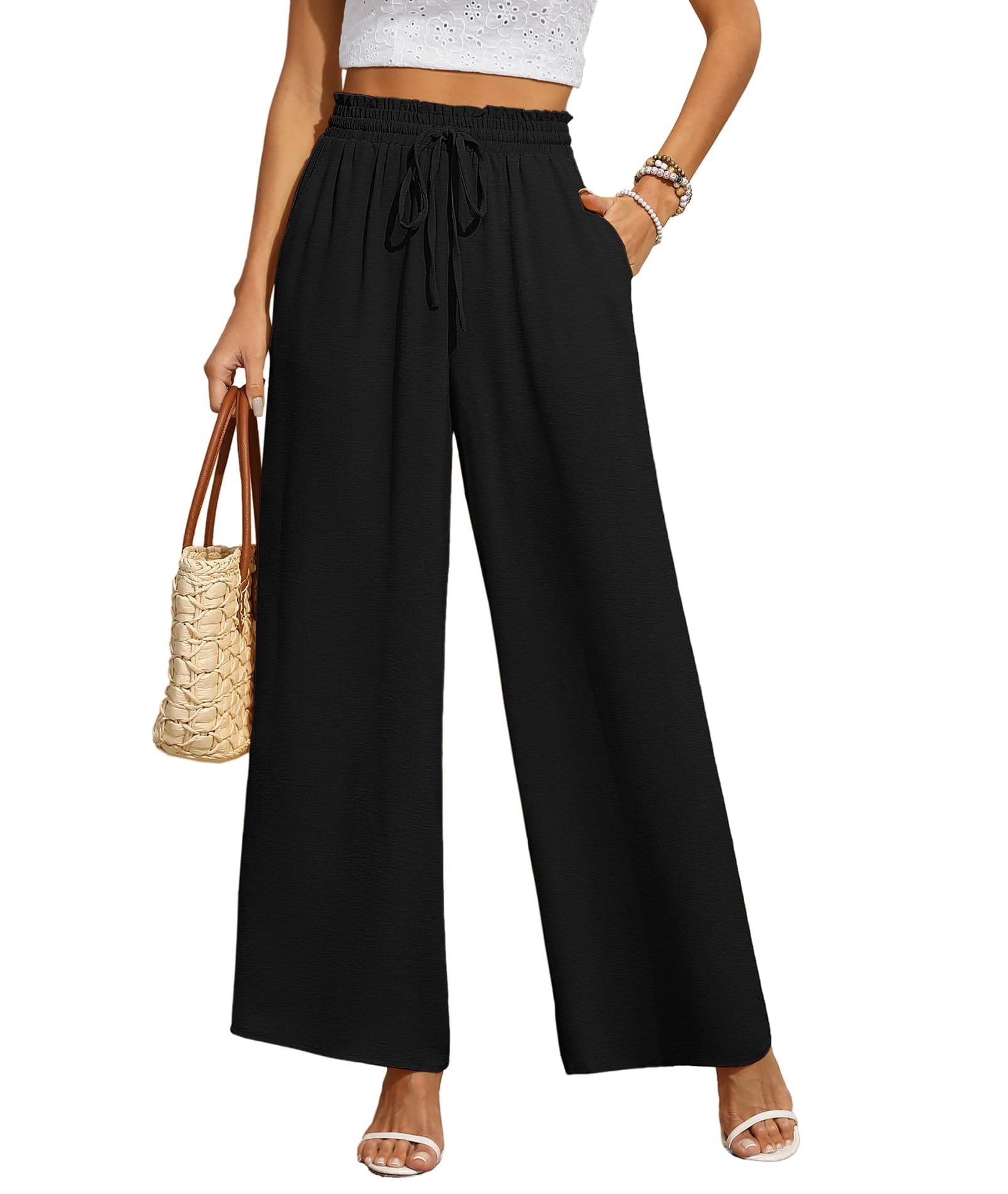 CZYINXIAN Women's Wide Leg Casual Pants with Adjustable Elastic Waist and Pockets