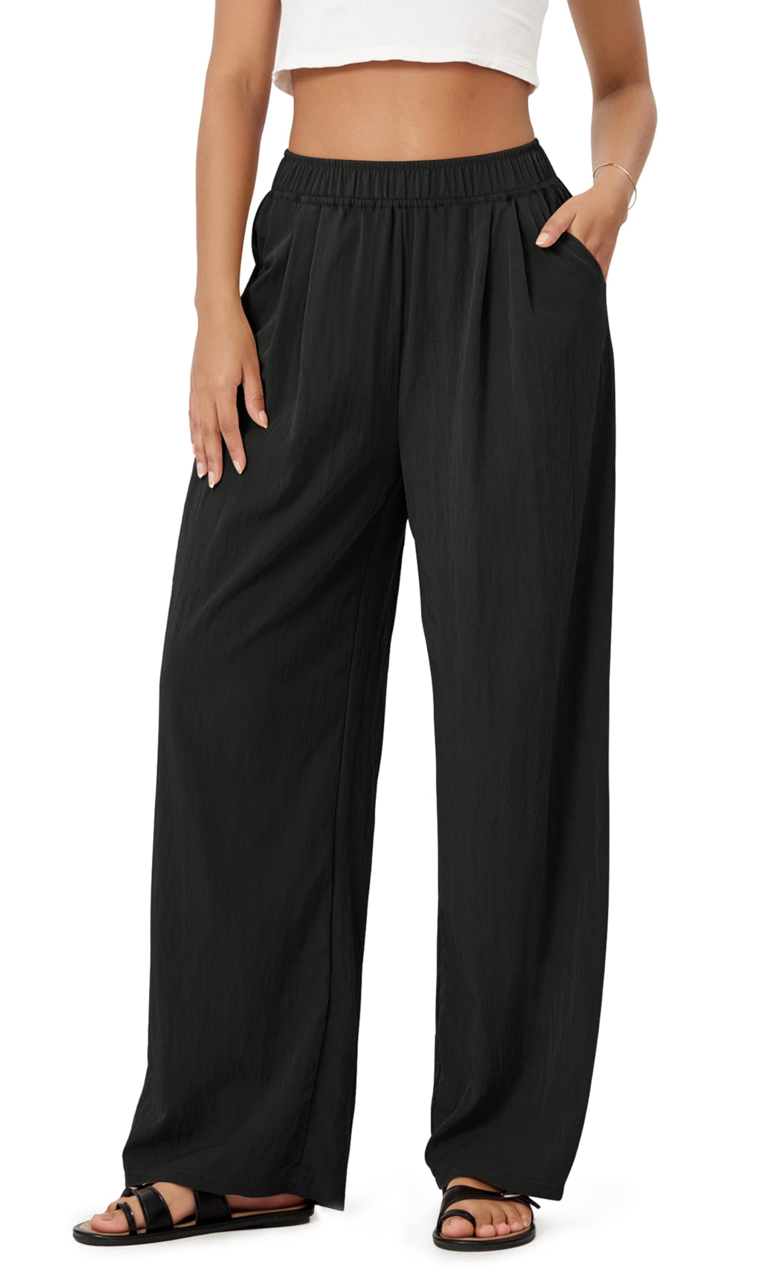 ODODOS Women's Wide Leg Crinkle Pockets Comfortable High Waist Pants