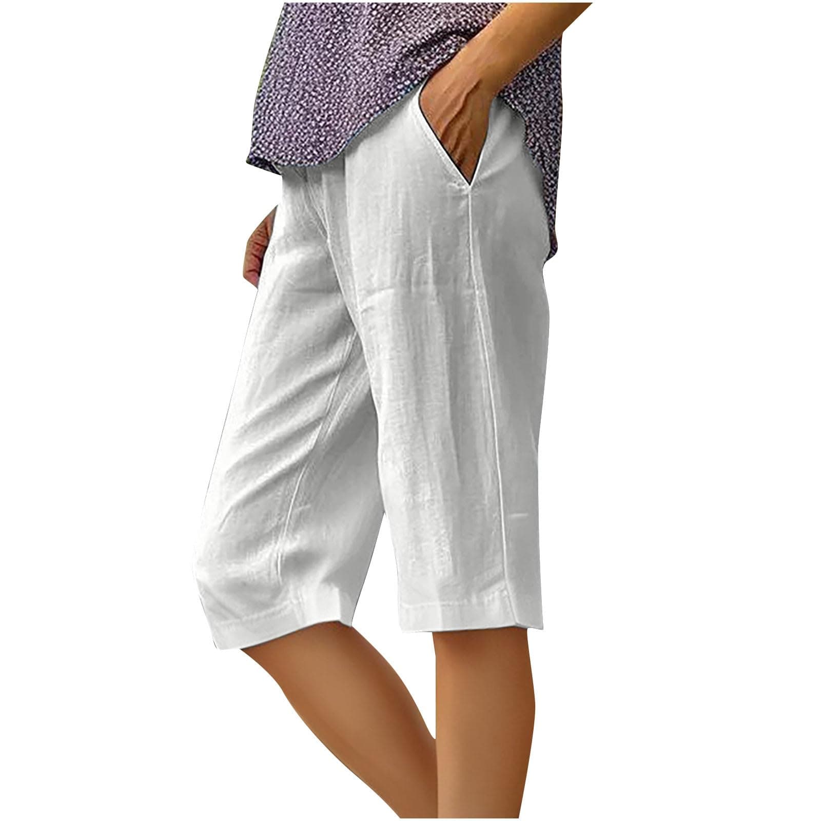 Sktremeuru Women's Summer Elastic Waist Cotton Linen Short Pants Plus Size