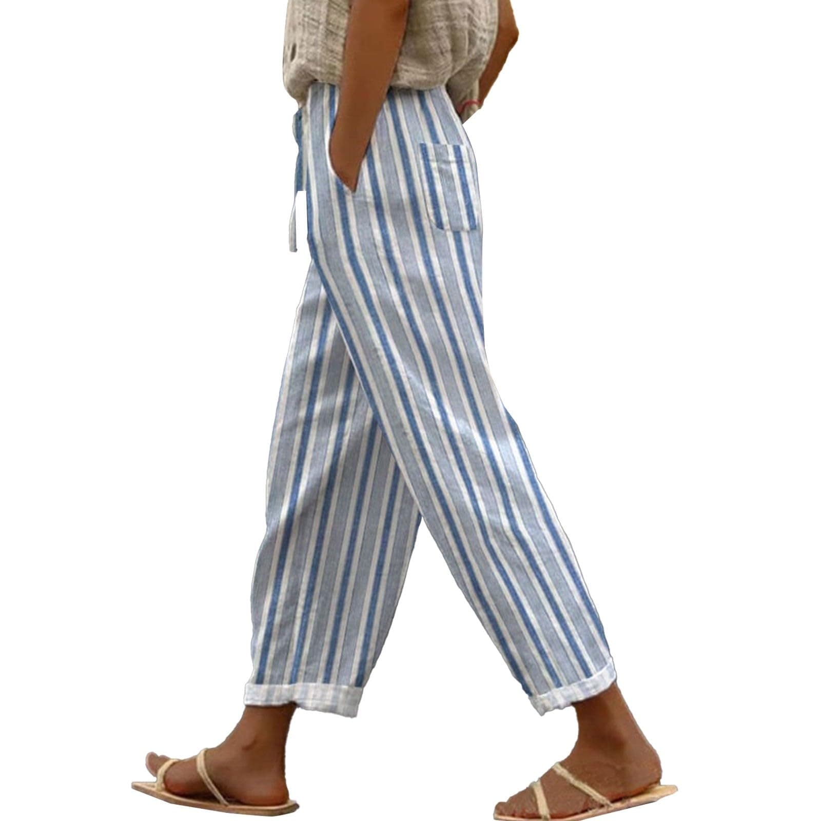 Boho Striped Linen Pants for Women Summer Casual Beach