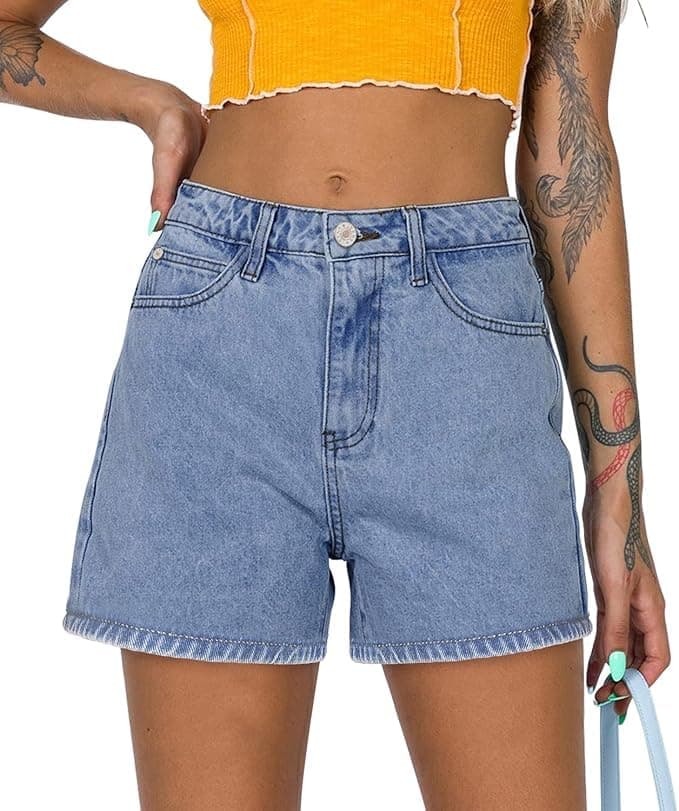 Angerella Women's Mid Rise Ripped Denim Shorts Stretchy Folded Hem