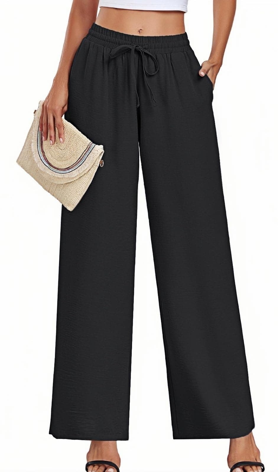 YVH Women's Casual Loose Fit Palazzo Pants with Pockets Elastic Waist