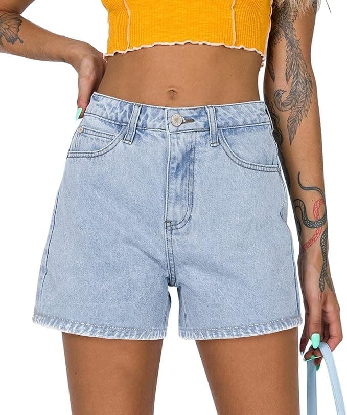 Angerella Women's Mid Rise Ripped Denim Shorts Stretchy Folded Hem