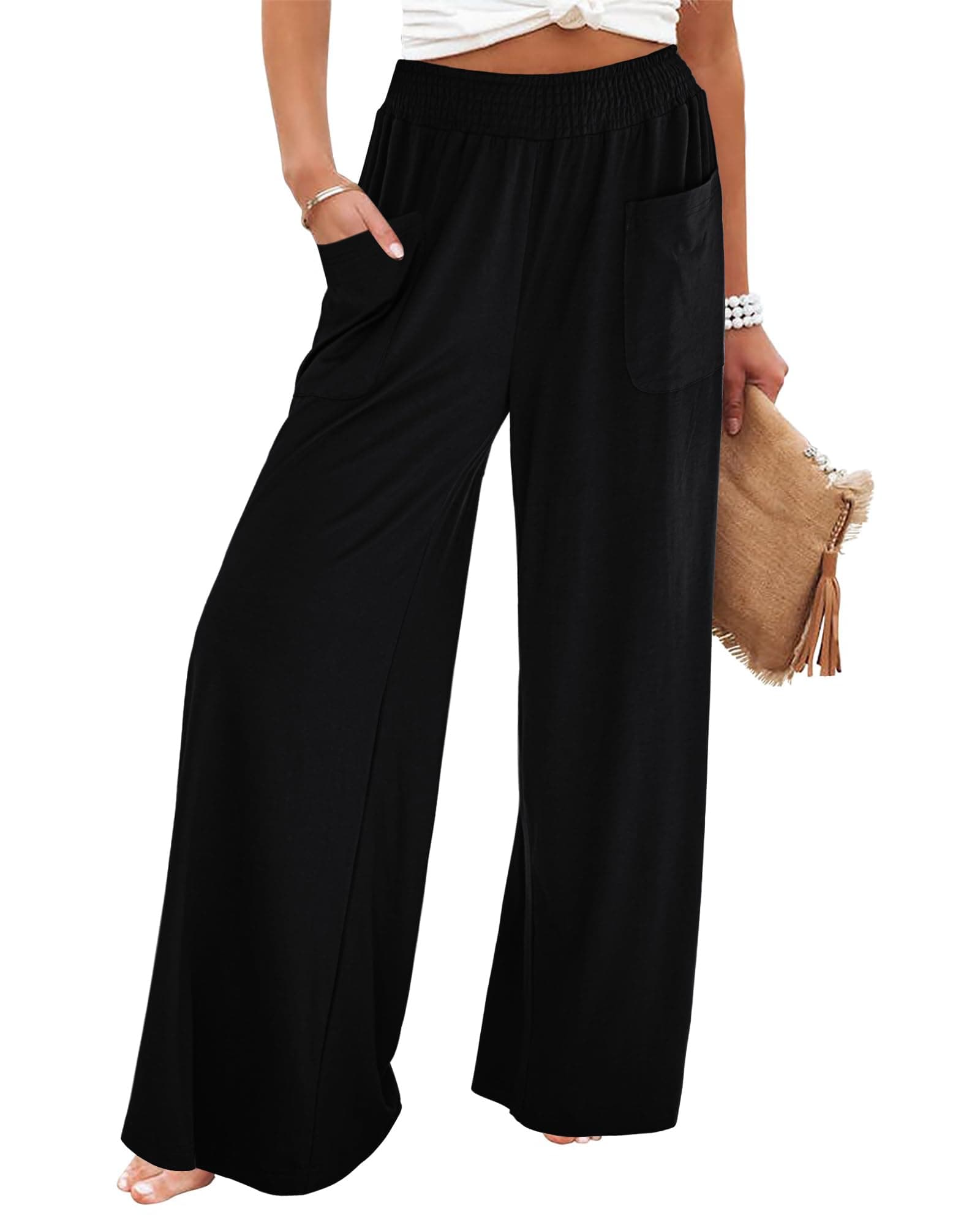 GRAPENT High-Waisted Smocked Elastic Waist Wide Leg Pants