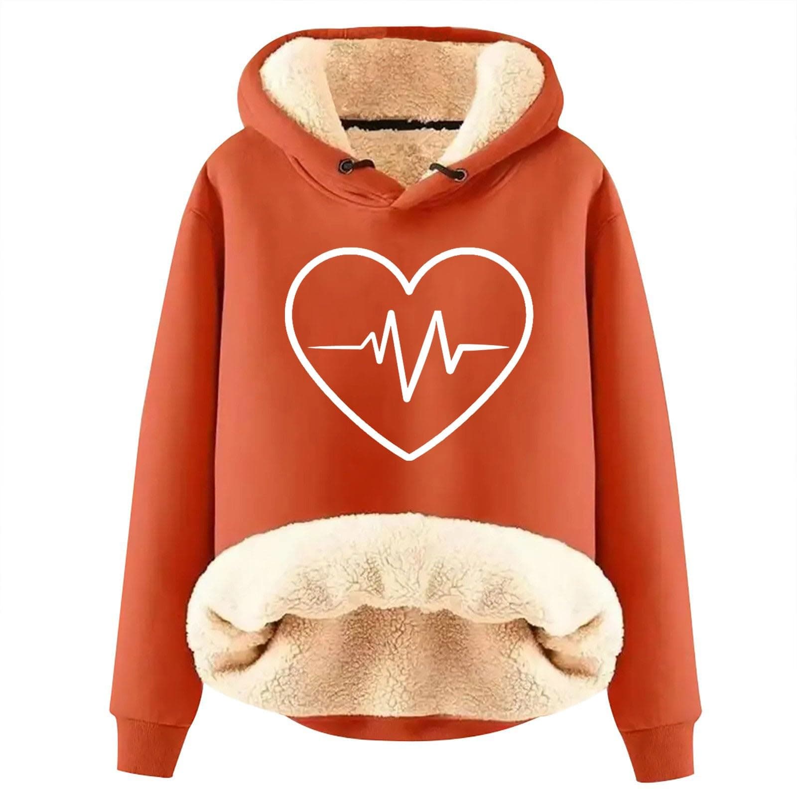 Warm Heart Print Fleece Hoodie for Women Winter Casual Pullovers