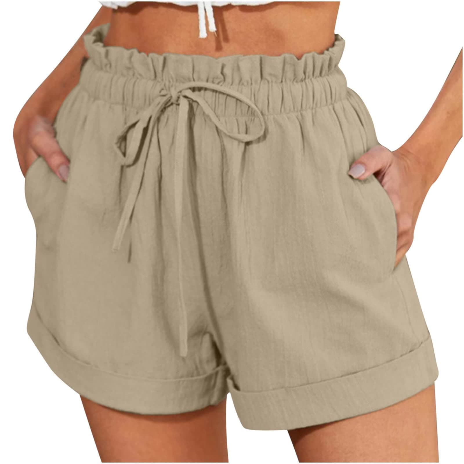 Sktremeuru Women's Cotton Linen Paperbag Shorts Elastic Waist DrawstringComfort Summer Pants