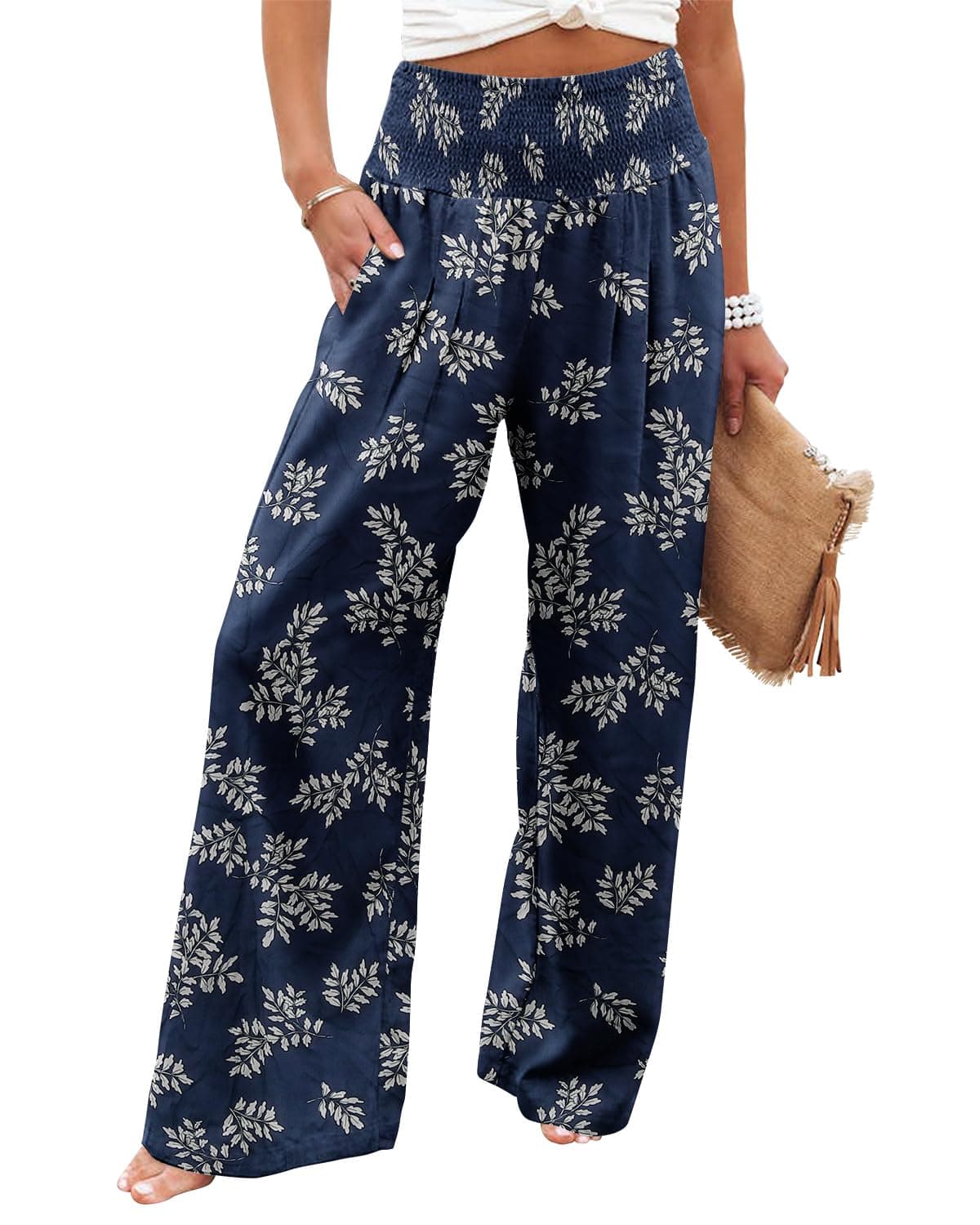 Womens High Waisted Elastic Palazzo Pants with Pocket Floral Blue