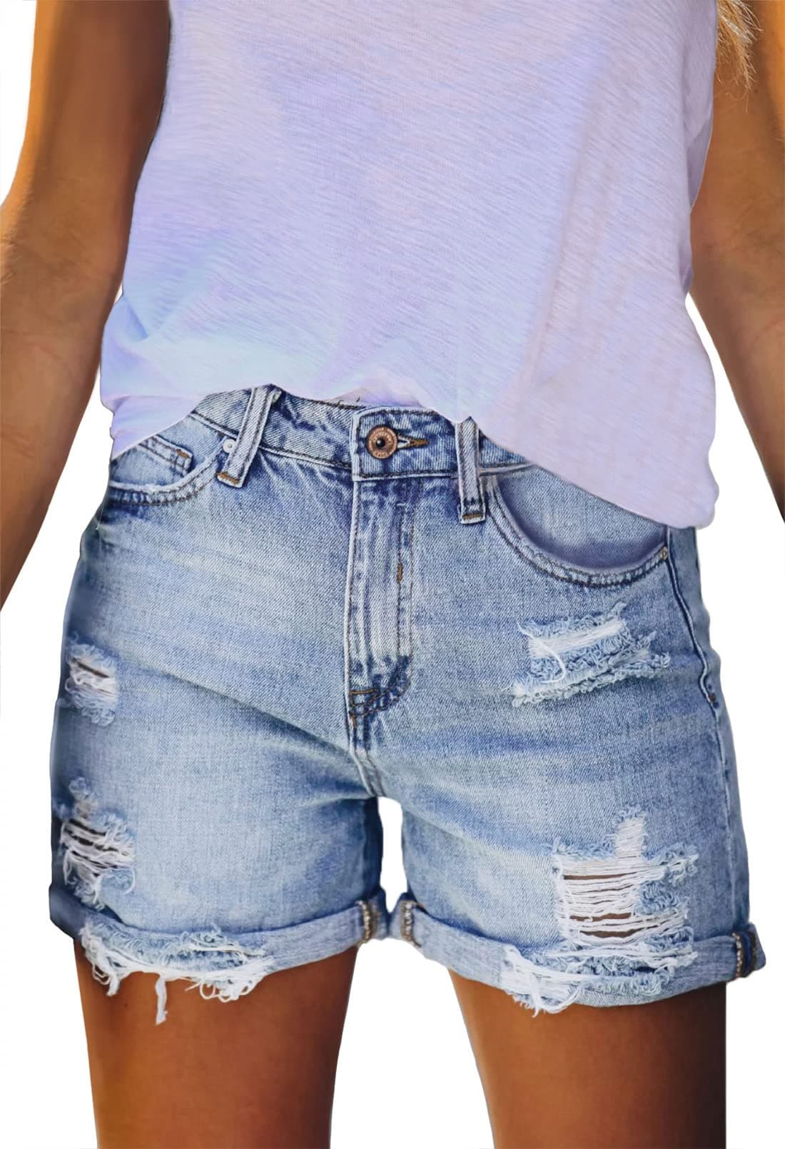 Pink Queen Women's High Waisted Ripped Denim Shorts