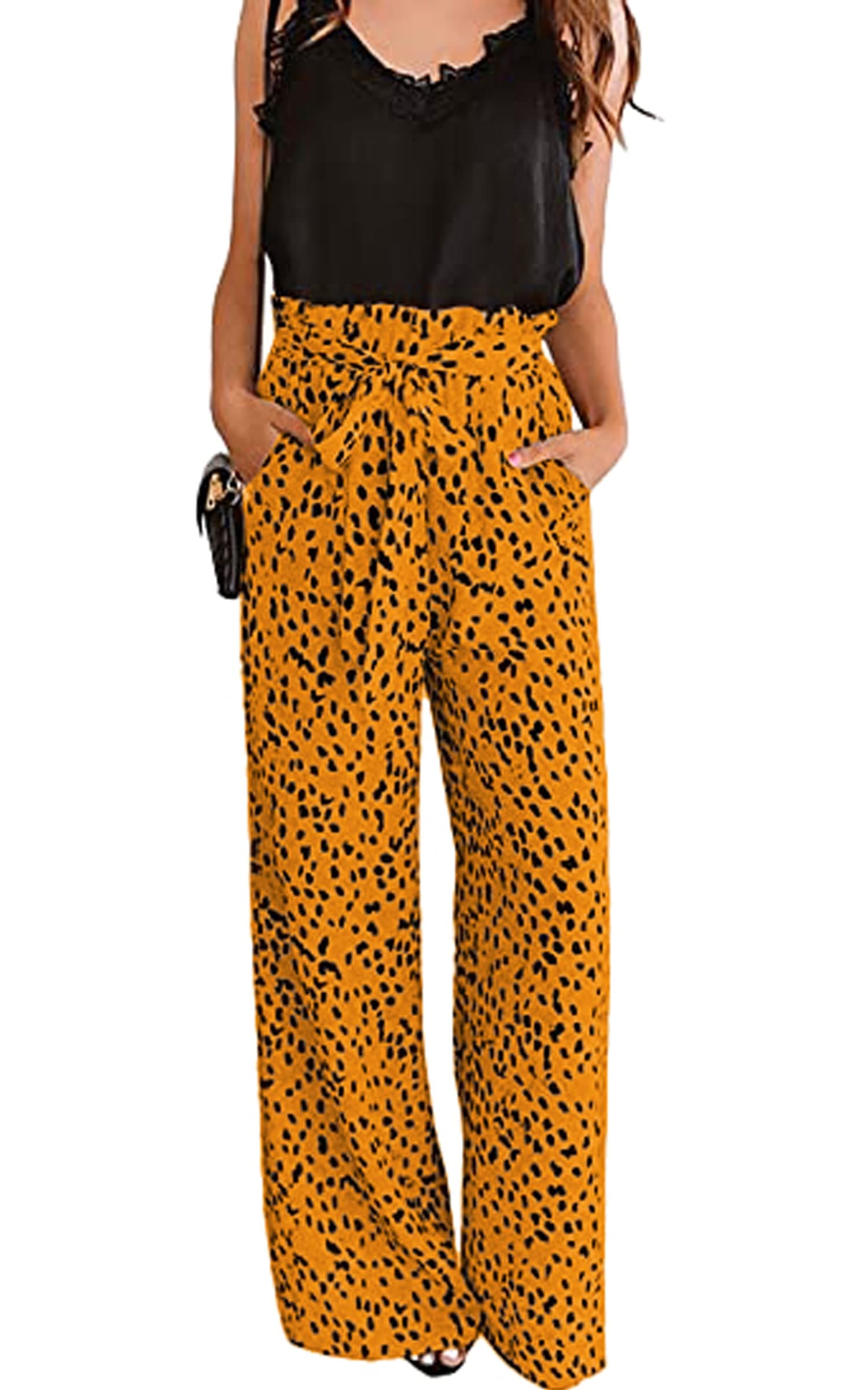 Womens Cotton Palazzo Wide Leg Pants with Pockets and Belt