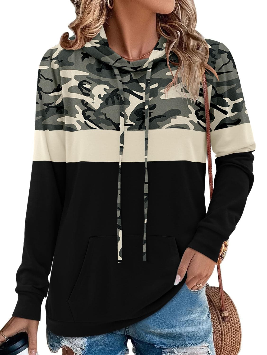 Angerella Women Camo Leopard Print Hoodies Pullover Sweatshirt for Fashionable Women Camo Leopard Print Hooded Sweatshirt with Pocket