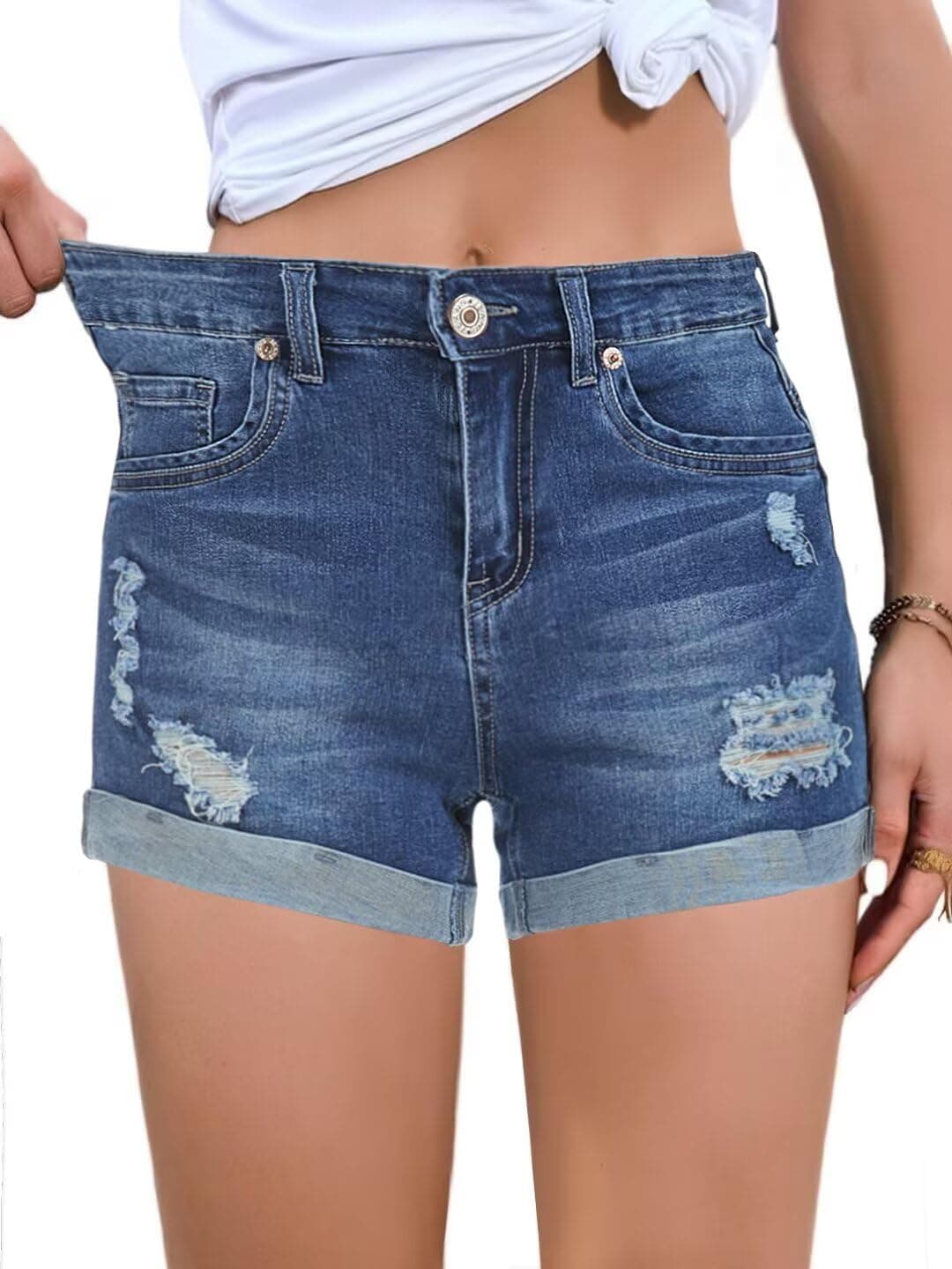 FEKOAFE 2025 Women's Summer Mid/High-Waisted Ripped Denim Shorts