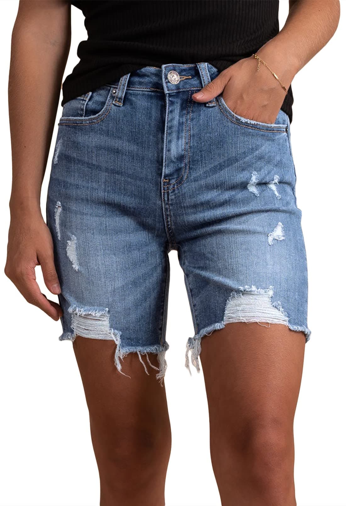 HUUSA Women's High Waist Ripped Denim Mid-Thigh Shorts with Pocket