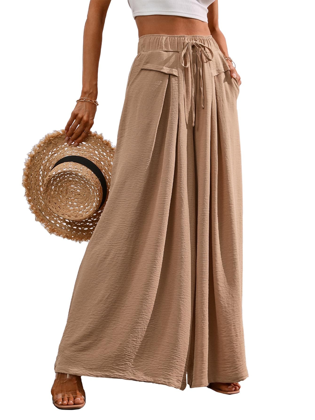 CORSKI Flowy Wide Leg Palazzo Pants for Women Elastic Waist Casual Summer