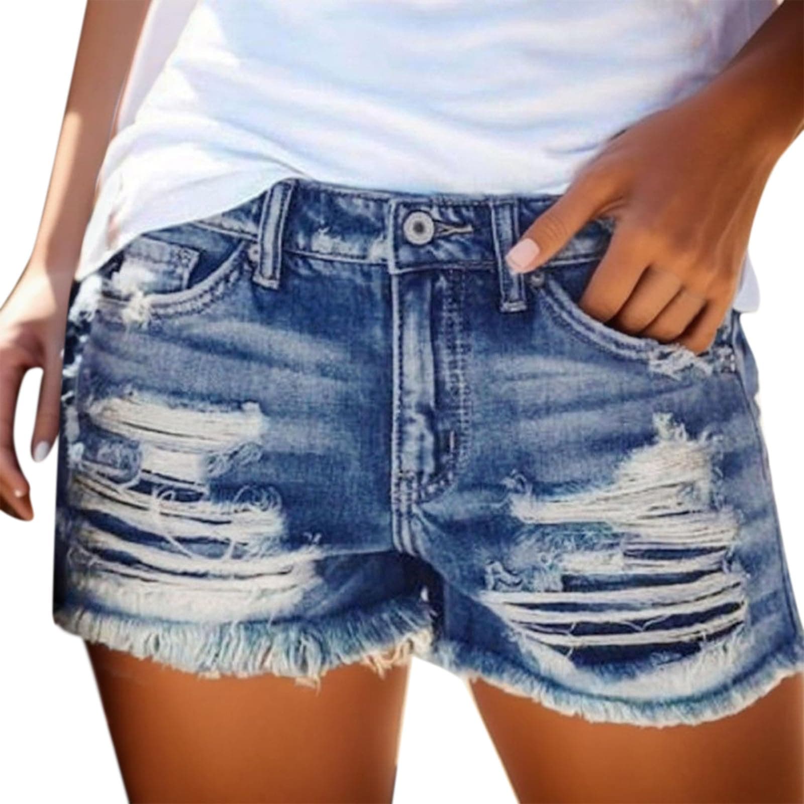 Women's Stretchy Mid Rise Ripped Denim Shorts