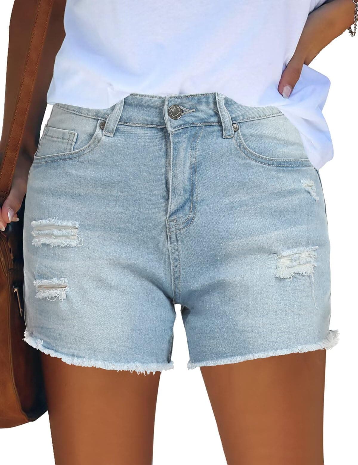 QACOHU Women's Casual Summer Denim Shorts Mid-Waisted Ripped Stretch Jeans