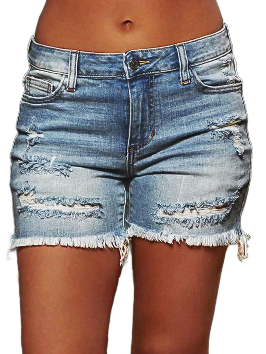 Flamingals Raw Hem Mid-Waist Stretchy Jean Shorts for Women